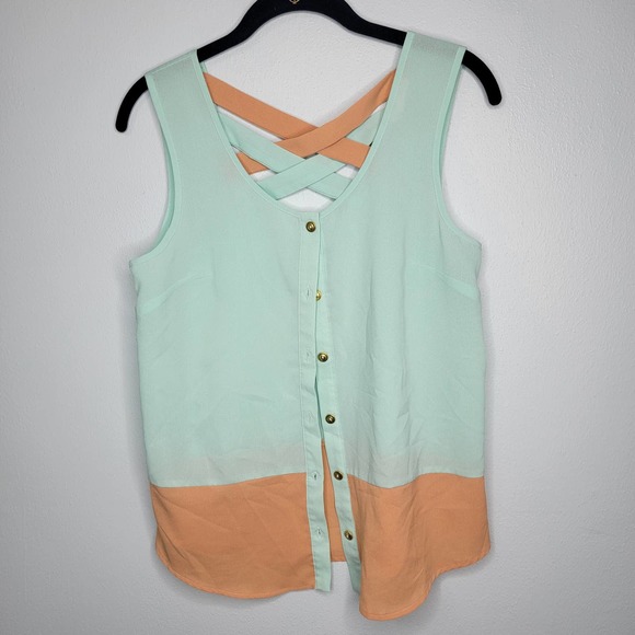 mine Tops - M Polyester Mine blouse Criss Cross back Tan Mint Green DD